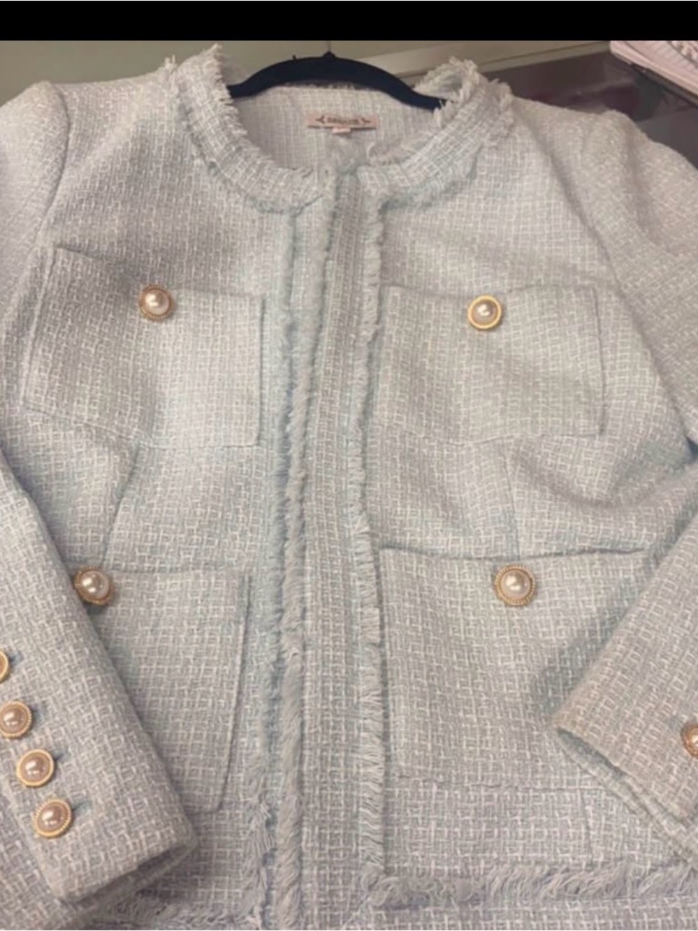Dream Blue White Tweed Jacket Gold Pearl Buttons Fringe NWT Large